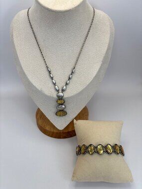 Liz Claiborne Vintage Oval Matte Silver Tone Cabochon Y Drop Necklace & Bracelet